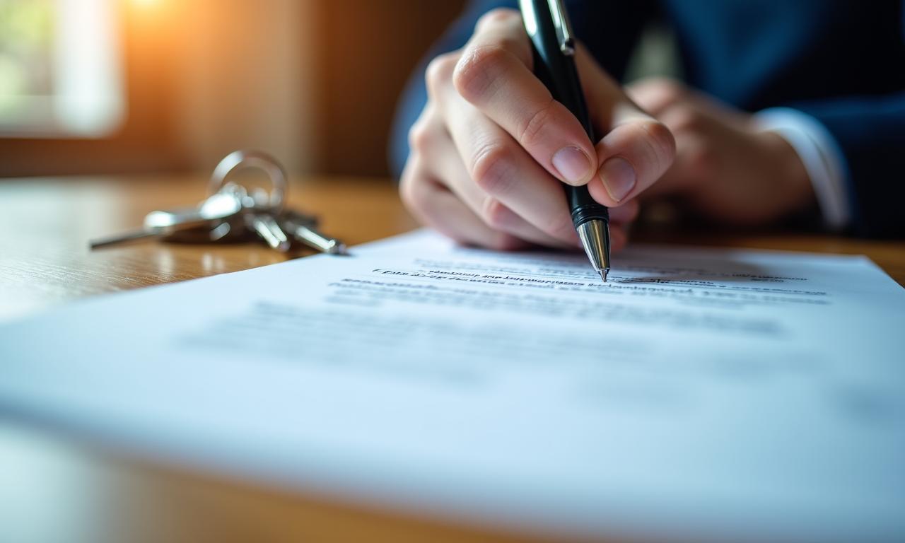 Primer plano de una firma de contrato de alquiler con llaves sobre la mesa