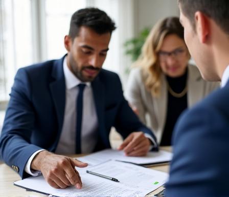 Asesor legal mediando en una mesa de reuniones