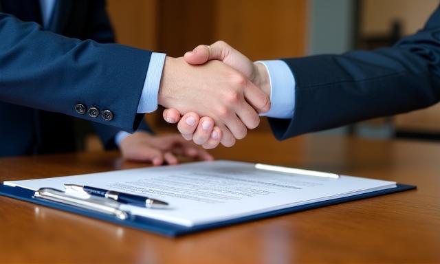 Dos profesionales en una mesa de negociación estrechando manos sobre un contrato