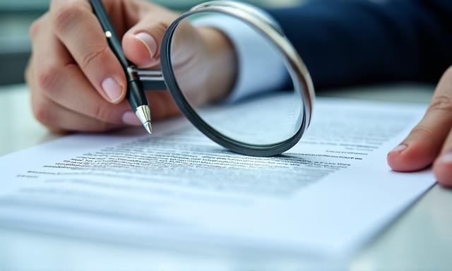 Persona analizando minuciosamente un documento legal con una lupa
