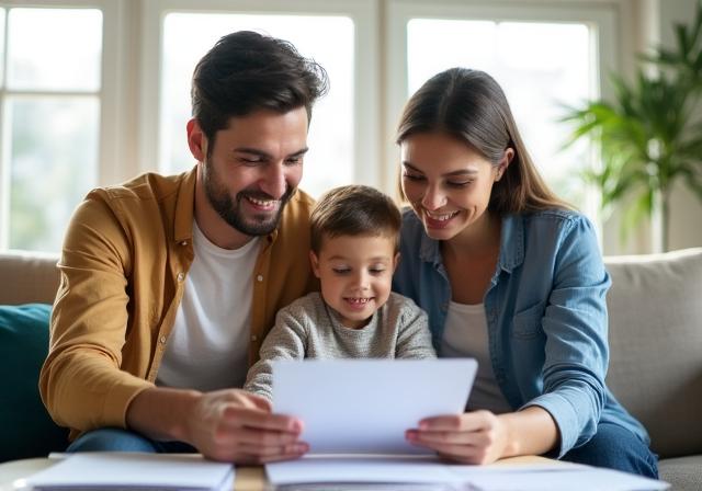 Familia joven sonriente firmando documentos de vivienda en un entorno luminoso