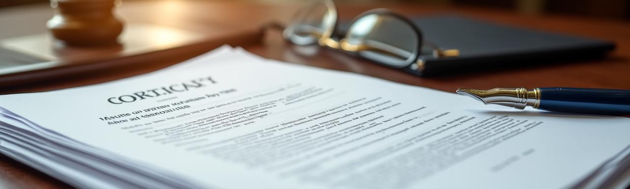 Documentos legales y pluma estilográfica sobre escritorio de madera